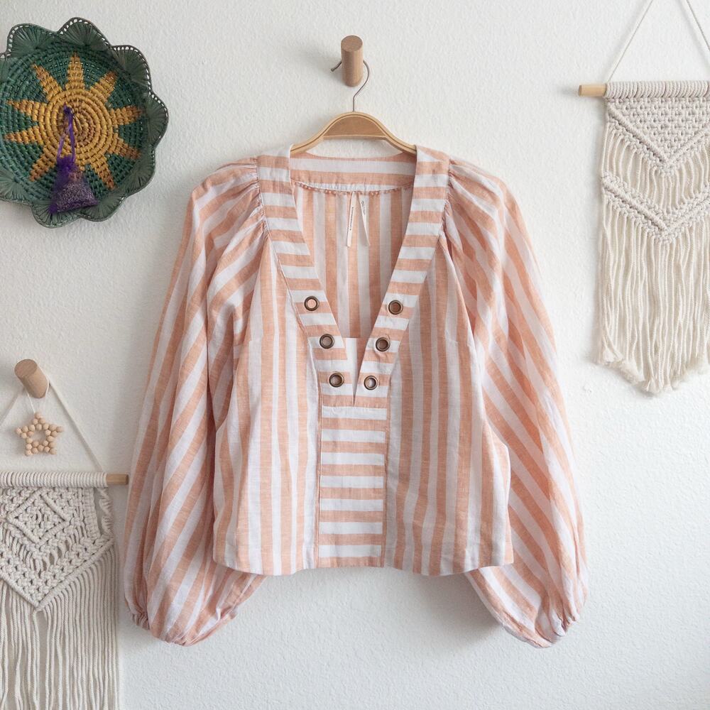 By Anthropologie Linen Blend Cream and Orange Stripe Balloon Sleeve Top Small